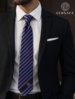 Versace Silk Men’s Navy Tie with Blue Diagonal Stripes & COA